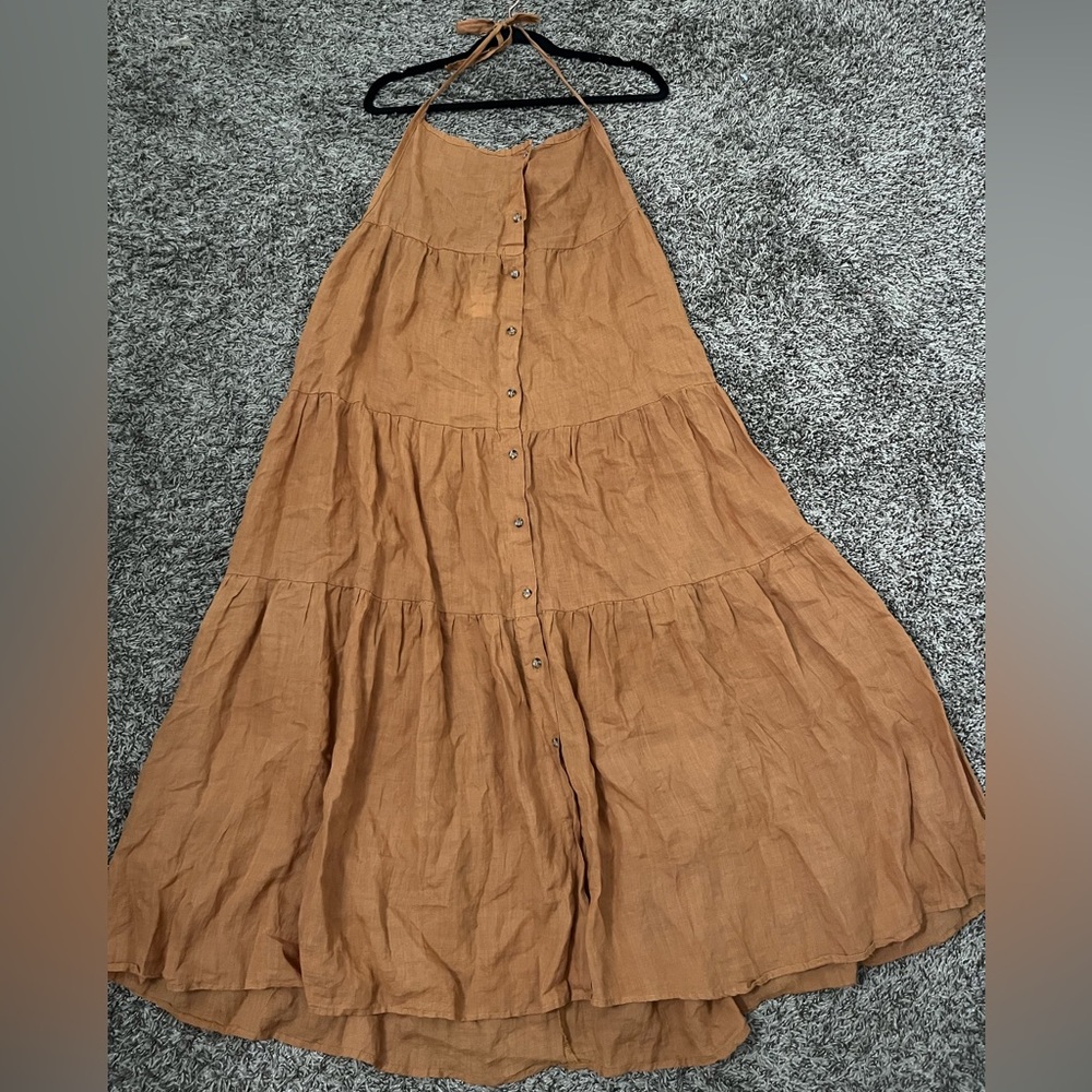 Women’s 100% Ramie ANEMONE V Neck Open Back Full Button Down Maxi Dress M Orange